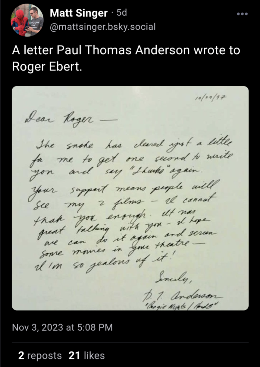 A letter Paul Thomas Anderson wrote to Roger Ebert