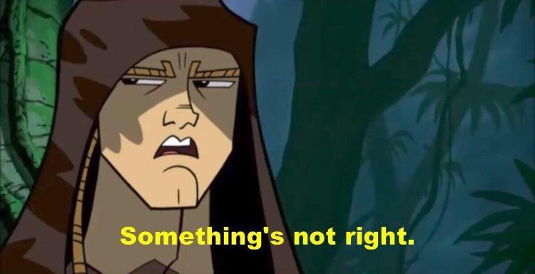 Anakin Skywalker in Clone Wars, walking through a wooded area and looking around while saying, “Something’s not right.”