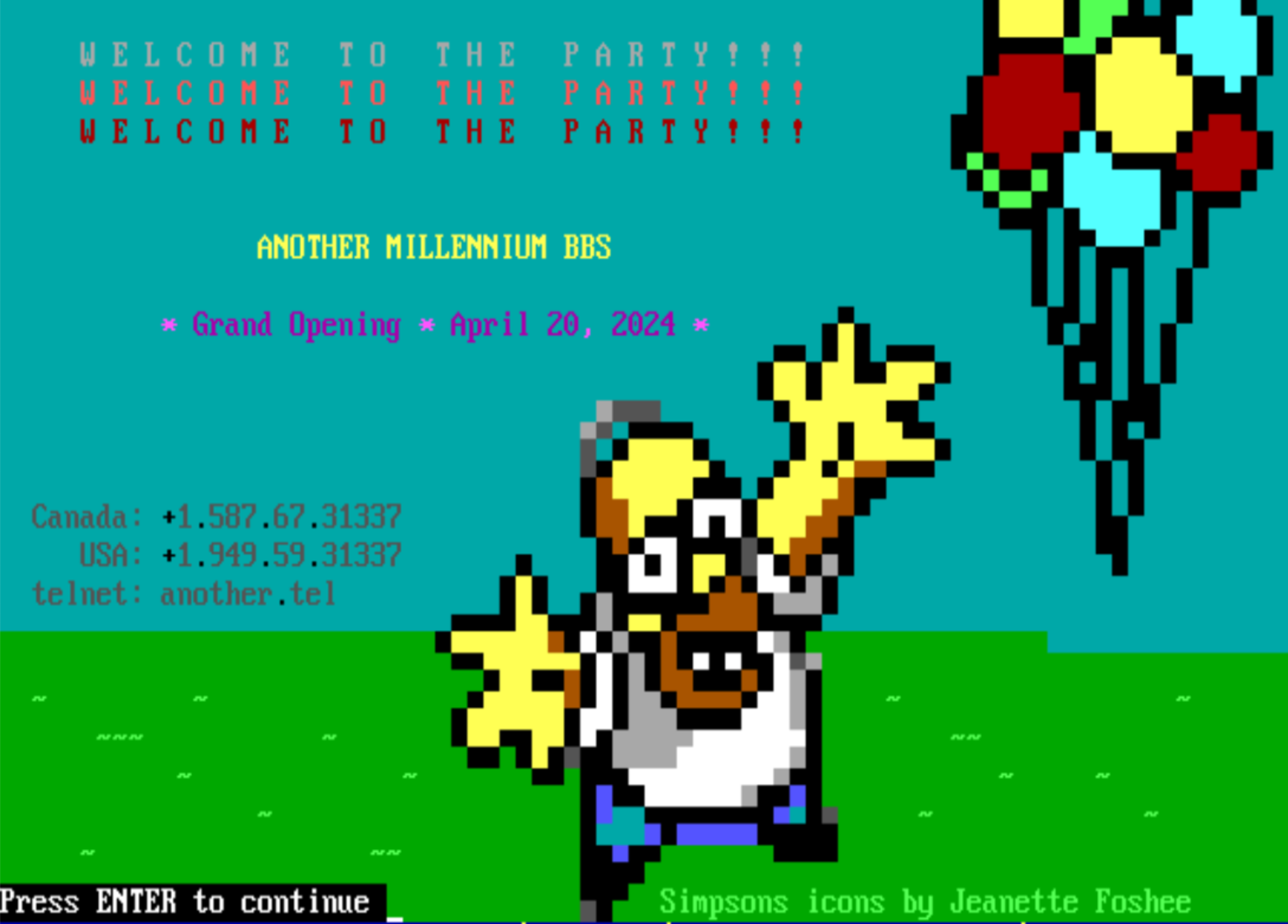 Welcome to the party! Another Millennium BBS Grand Opening April 20, 2024. ANSI image of Homer Simpson adapted from icon by Jeanette Foshee.