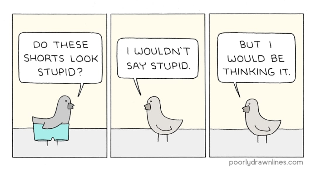 three panel comic from "poorly drawn lines" in which "Kevin the Magical Bird" is wearing shorts that don't cover his bird ass feathers