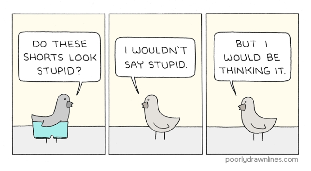 three panel comic from &quot;poorly drawn lines&quot; in which &quot;Kevin the Magical Bird&quot; is wearing shorts that don&#39;t cover his bird ass feathers