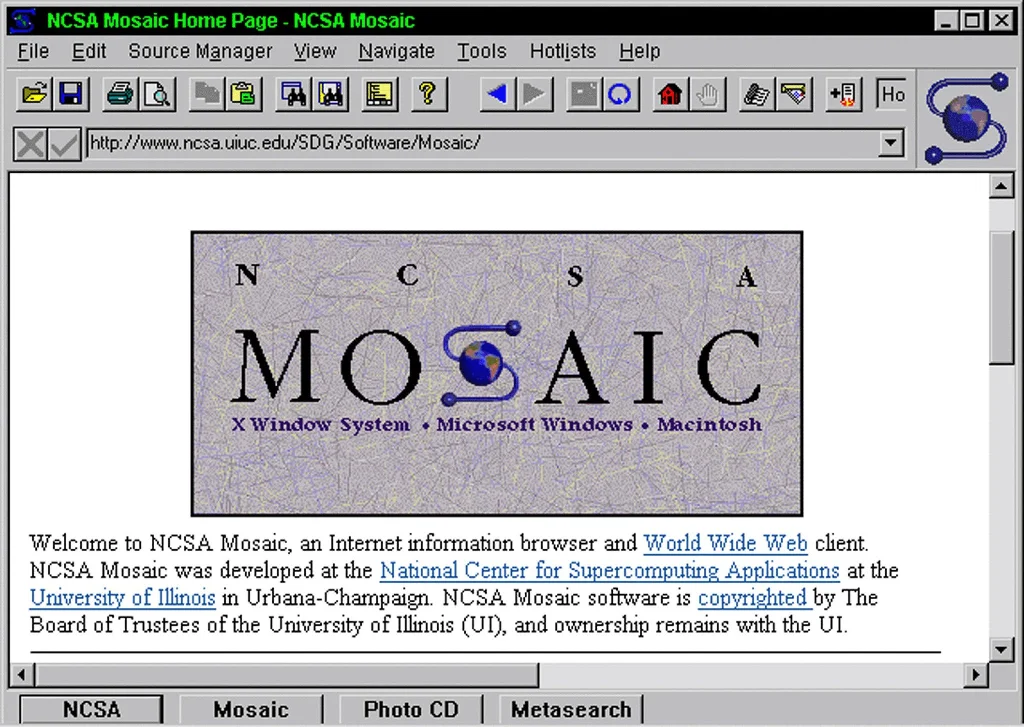 image of MOSAIC browser from the 90s with tiny image icon buttons