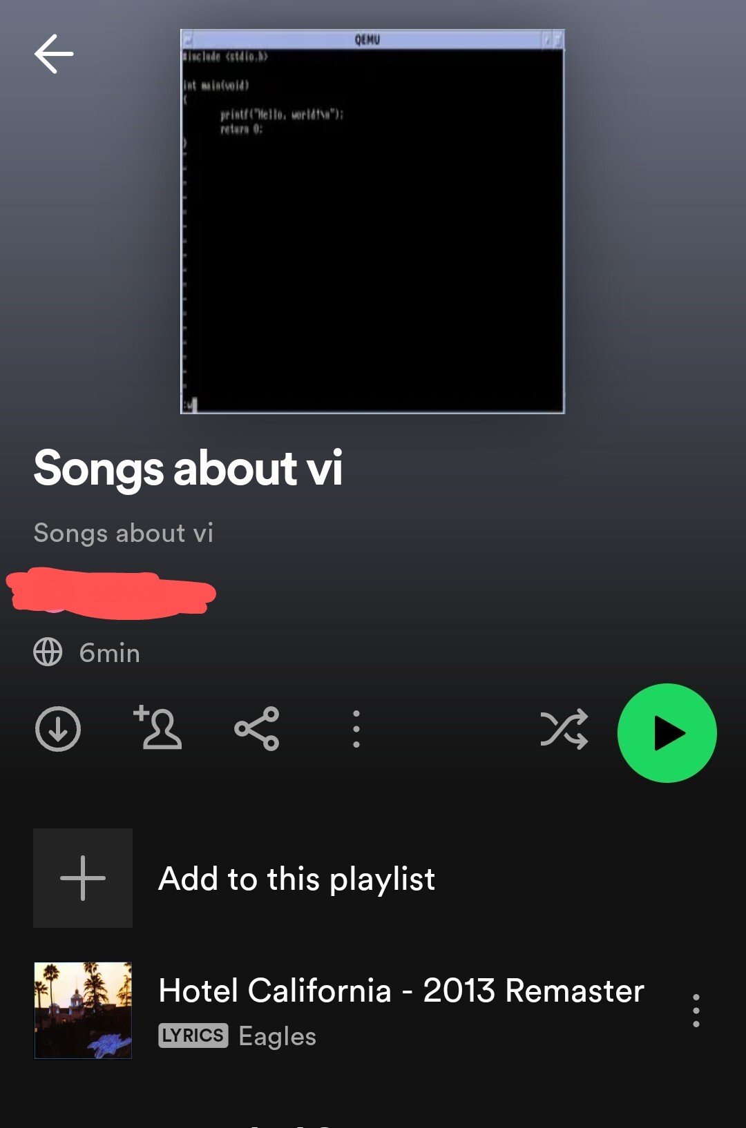 A Spotify playlist called songs about vi with a single song "hotel california" by the eagles 