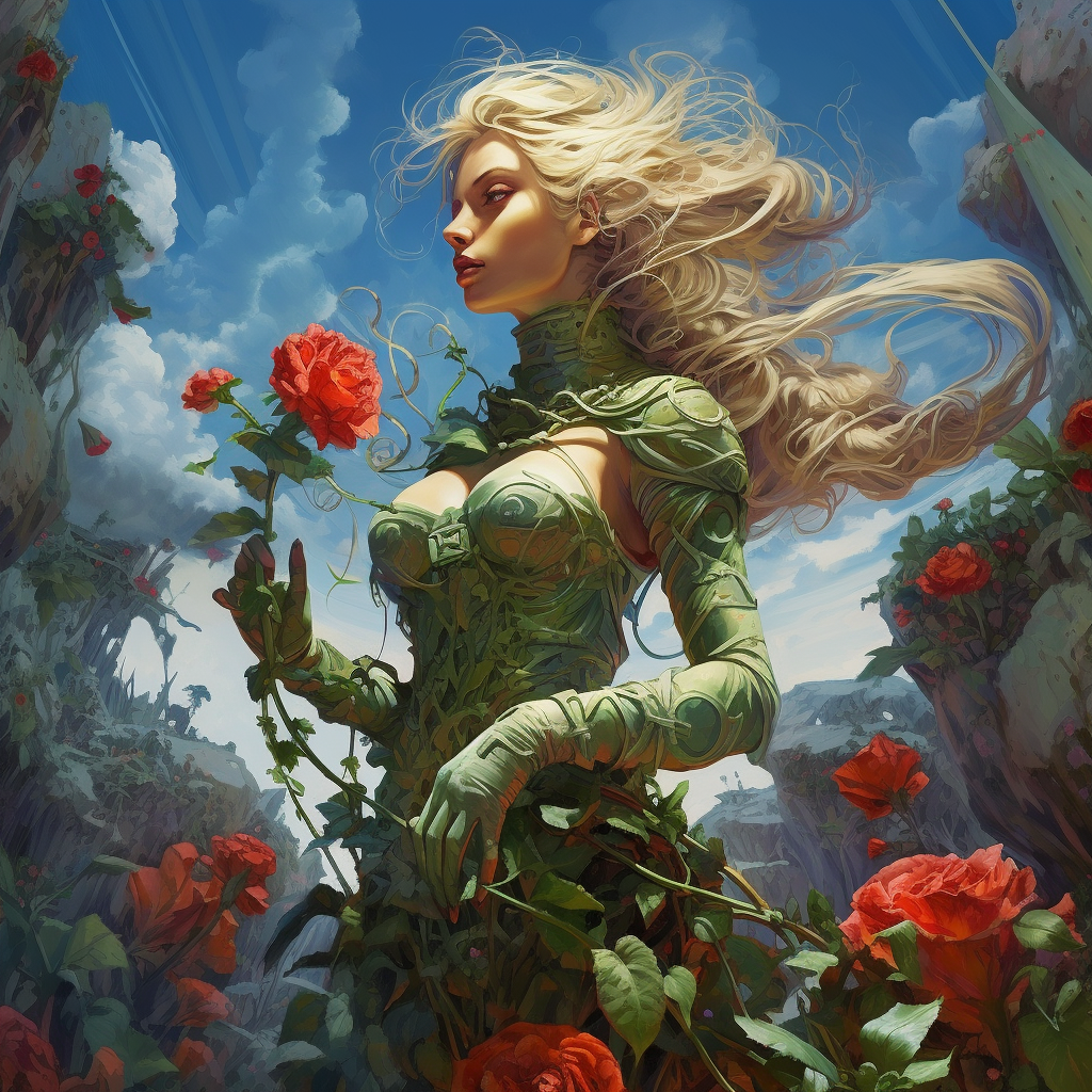 [Midjourney] Woman made of plants holding a rose.