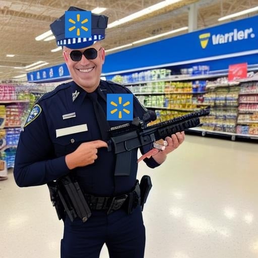 A badly MSPainted, AI Generated police officer in Walmart with Walmart logos on his cap and badge, and holding an AR-15 assault rifle