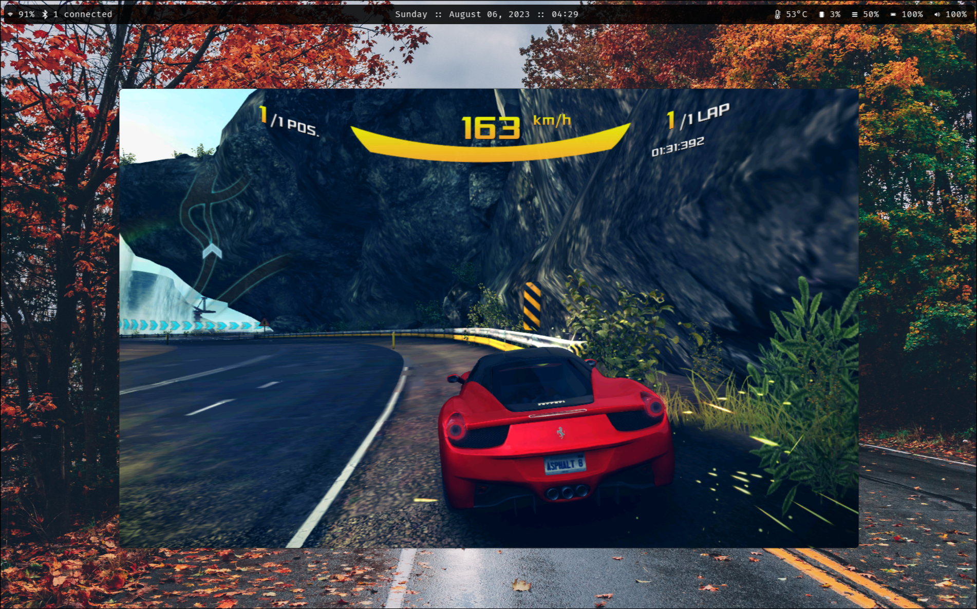 screenshot of Asphalt 8 on an emulated Android