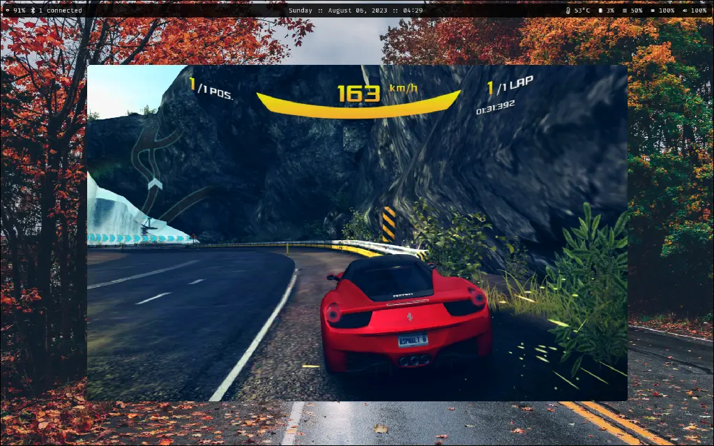 screenshot of Asphalt 8 on an emulated Android