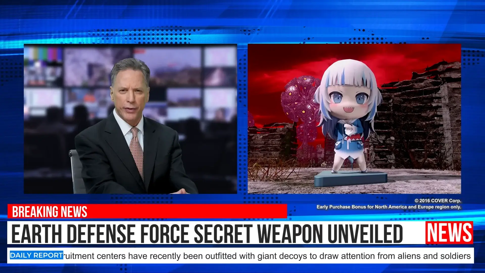 A promotional "news" segment for the game Earth Defense Force 6, showing a newscaster discussing Hololive members with Gawr Gura visible on the screen.