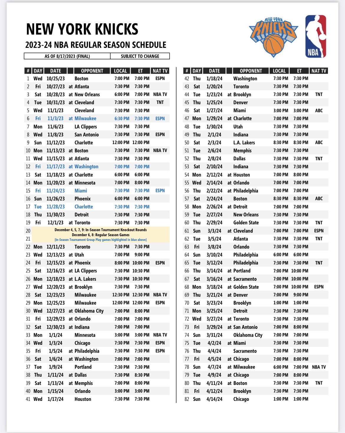 Knicks 23-24 Season Schedule