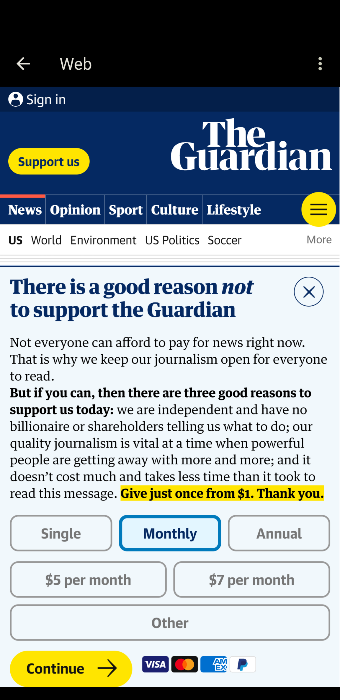 A screenshot of the Guardian's website with a pop up asking for an optional donation, with the monthly option selected by default.