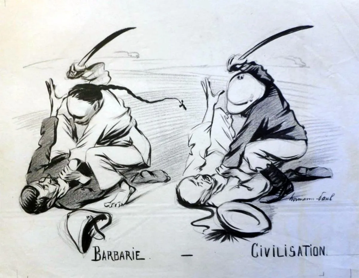 Contemporary political cartoon showing the hypocrisy of Imperialist powers during the Boxer Rebellion