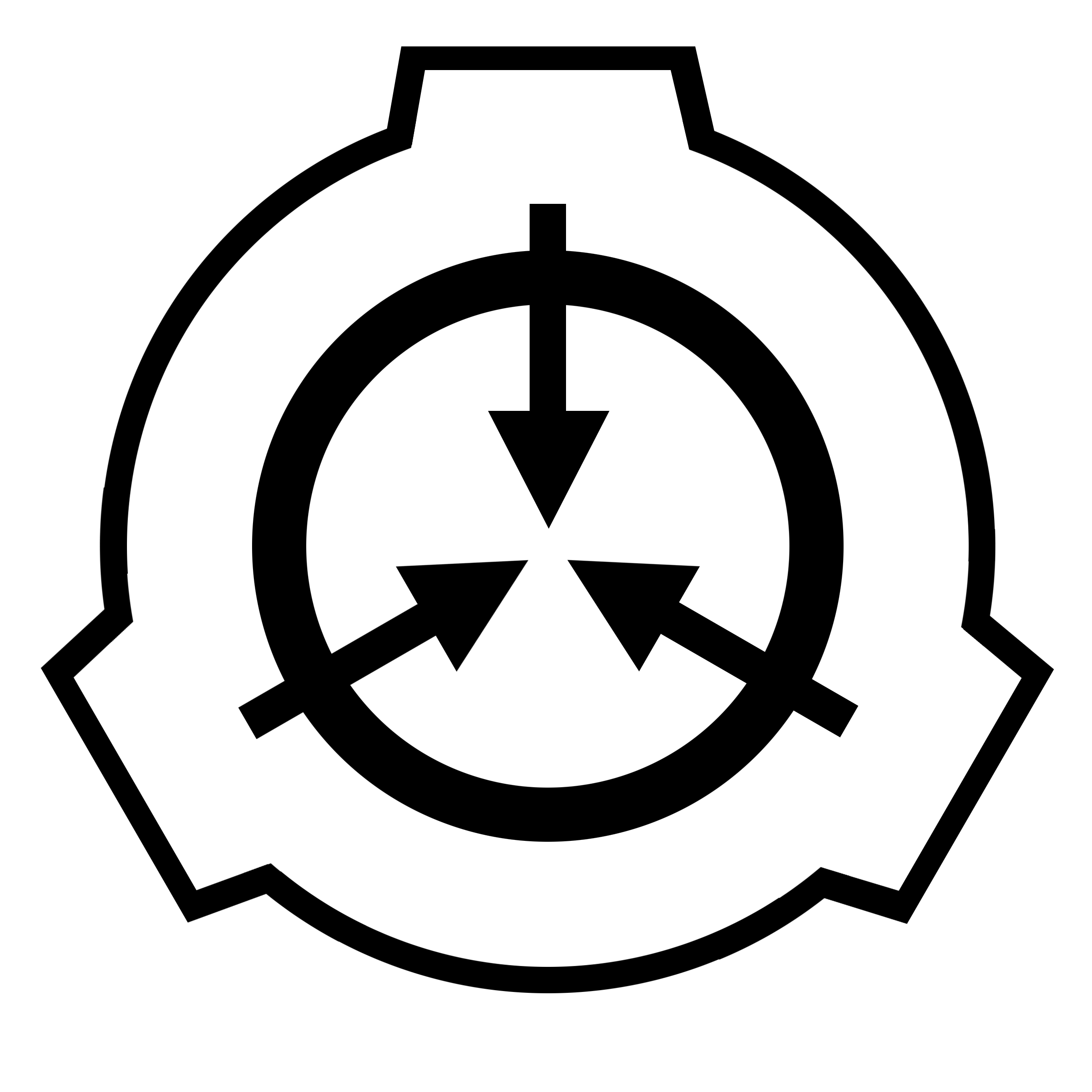 SCP Foundation logo with three evenly space arrows pointed inward over a circle, familiar in appearance to a peace sign made of arrows without meeting at the center