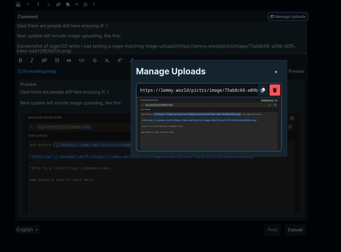 screenshot of a comment with an image upload, a "manage uploads" dialog is open