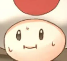 A picture of the character Toad from the platform game series Super Mario. The image is cropped to only show Toad&#39;s face. Toad is sweating.