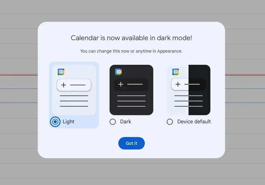 Google Calendar's web client finally gets a dark mode