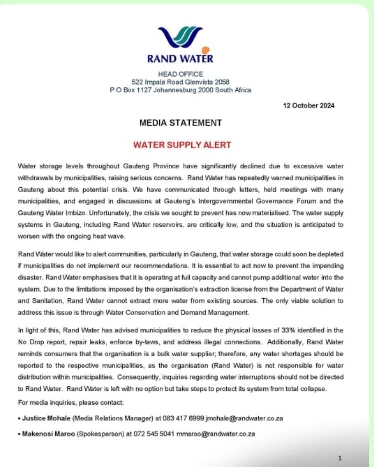 Rand Water media statement.