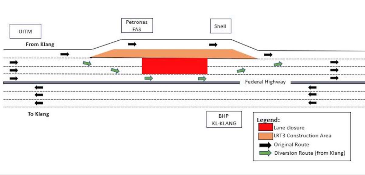 Federal Highway lane closures, traffic diversions in Shah Alam for LRT3 construction - July 5-20 in stages - paultan.org