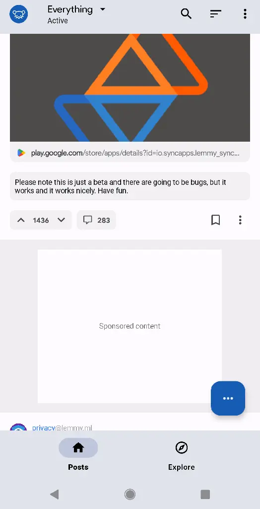 Screenshot of Sync for Lemmy with an ad placeholder