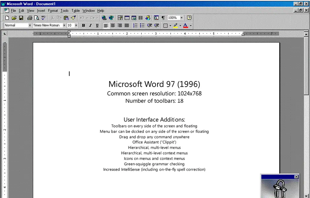 image of Microsoft Word 97 with tiny image icon buttons