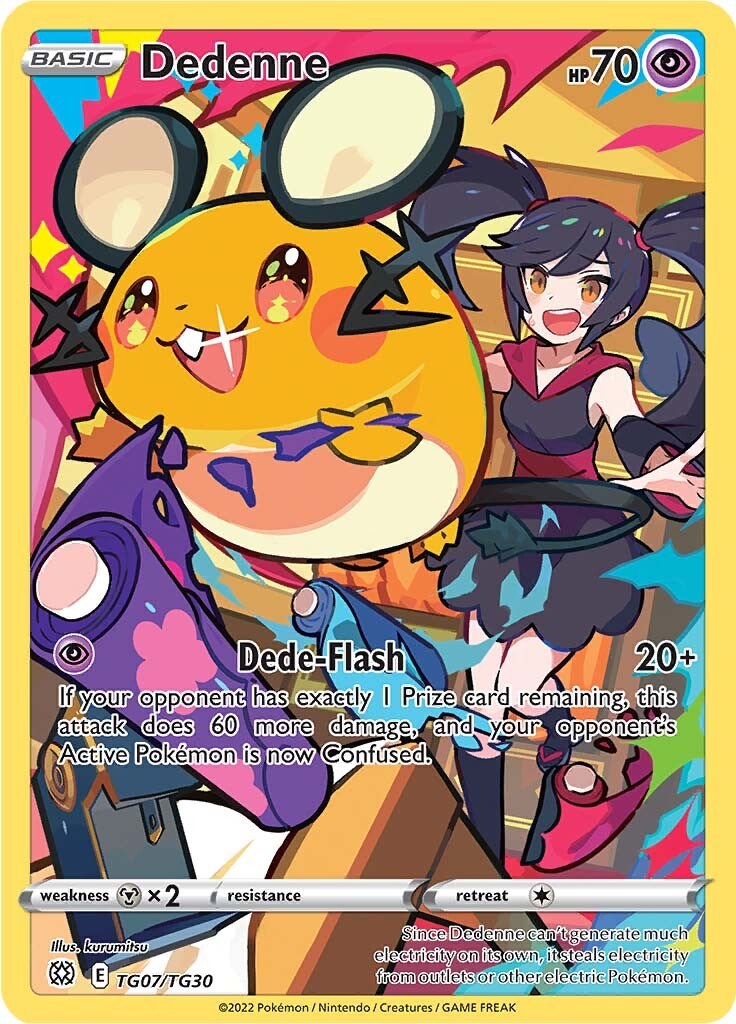 Dedenne Trainer Gallery with Dedenne jumping at the viewer and Kali chancing after it. Dedenne appears to be tearing up colorful cloth or paper.
