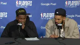 Watch Anthony Edwards and Karl-Anthony Towns full post-game press conference after Timberwolves defeat the Nuggets in Game 7 of Western Conference Semis | Streamable