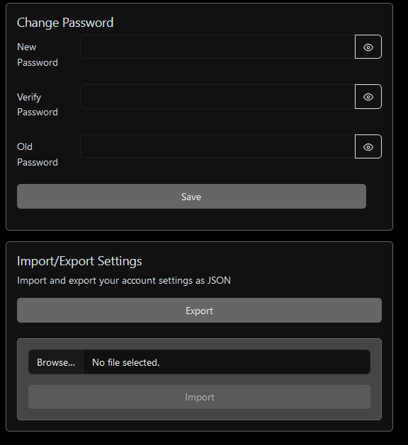 Screenshot of import/export in settings menu