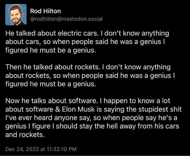 A Mastodon post explaining why you shouldn't trust Elon