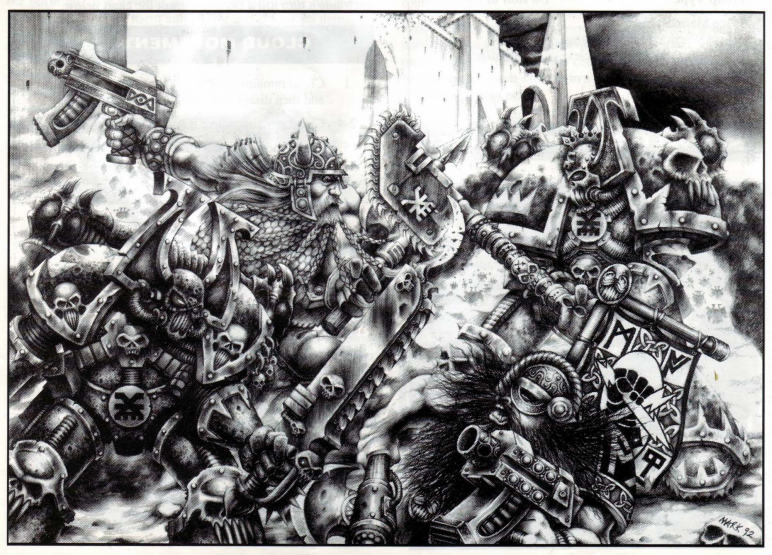 Squats fighting against Khorne berserkers, by Mark Gibbons