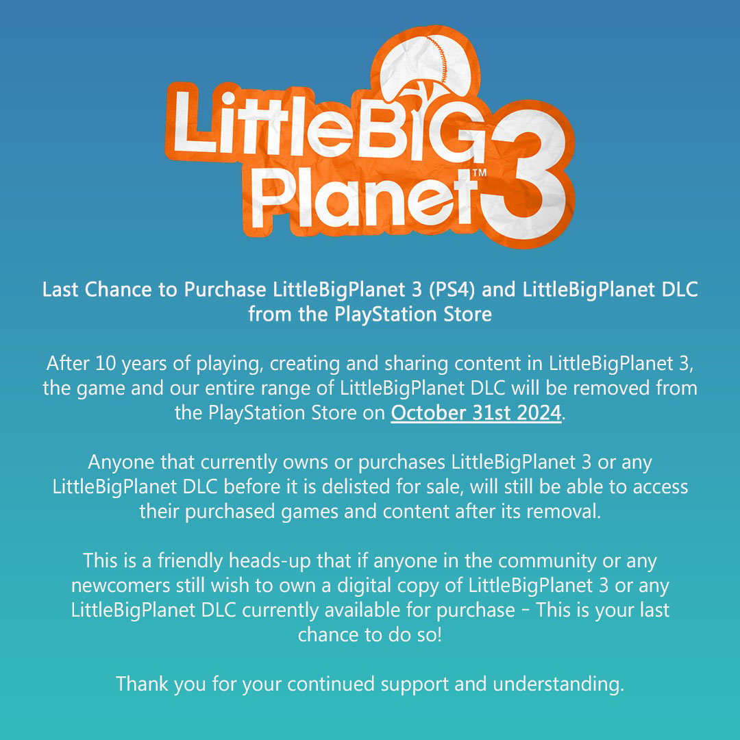 Little Big Planet 3 Getting De-listed from PlayStation store