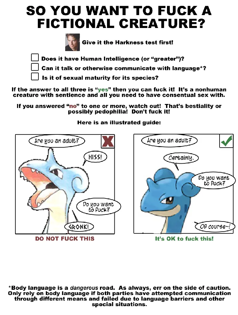 An image describing the minimum characteristics required of a monster before it is ethical to have sex with them; the three requirements are 1. Does it have human intelligence or greater? 2. Can it communicate with language? 3. Is it of sexual maturity for its species?