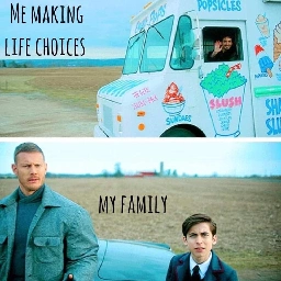 me making life choices. depicted is a guy driving a ice cream truck. my family. two people look in bewilderment 