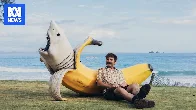 NSW artist travels hundreds of kilometres to see his shark-banana statue come to life at Sculpture by the Sea