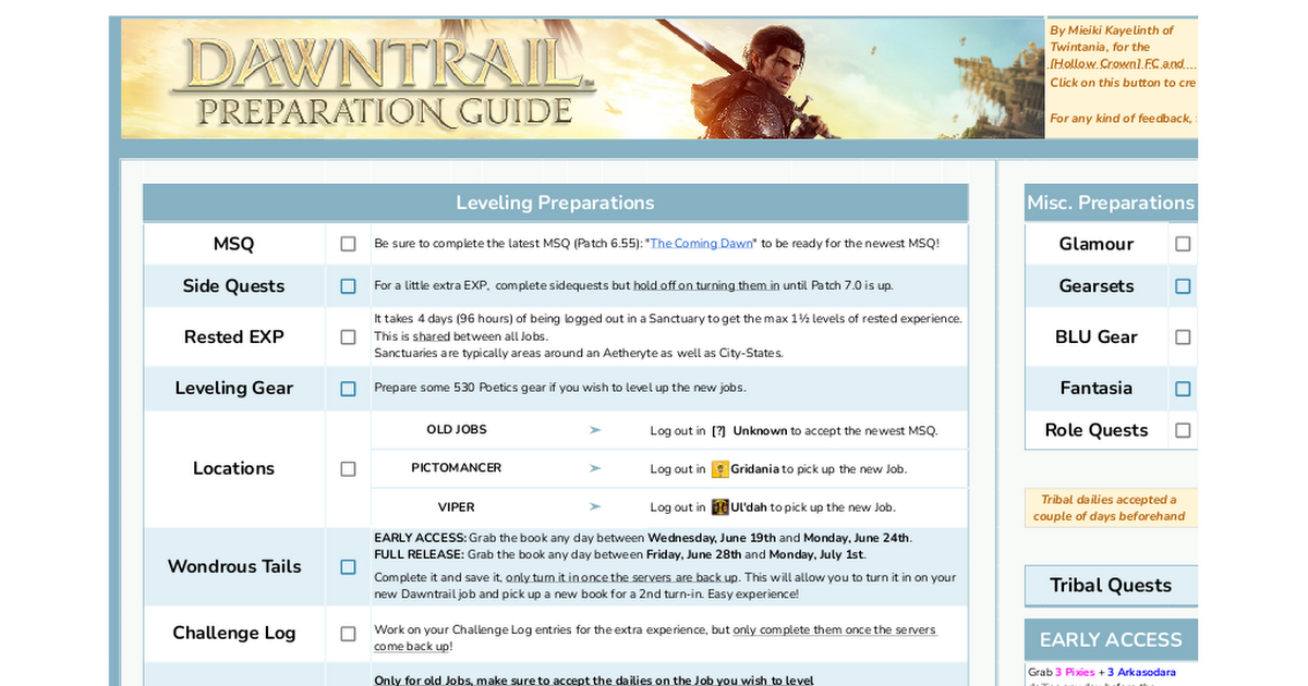 Road to Dawntrail | Preparation & Checklist Sheet