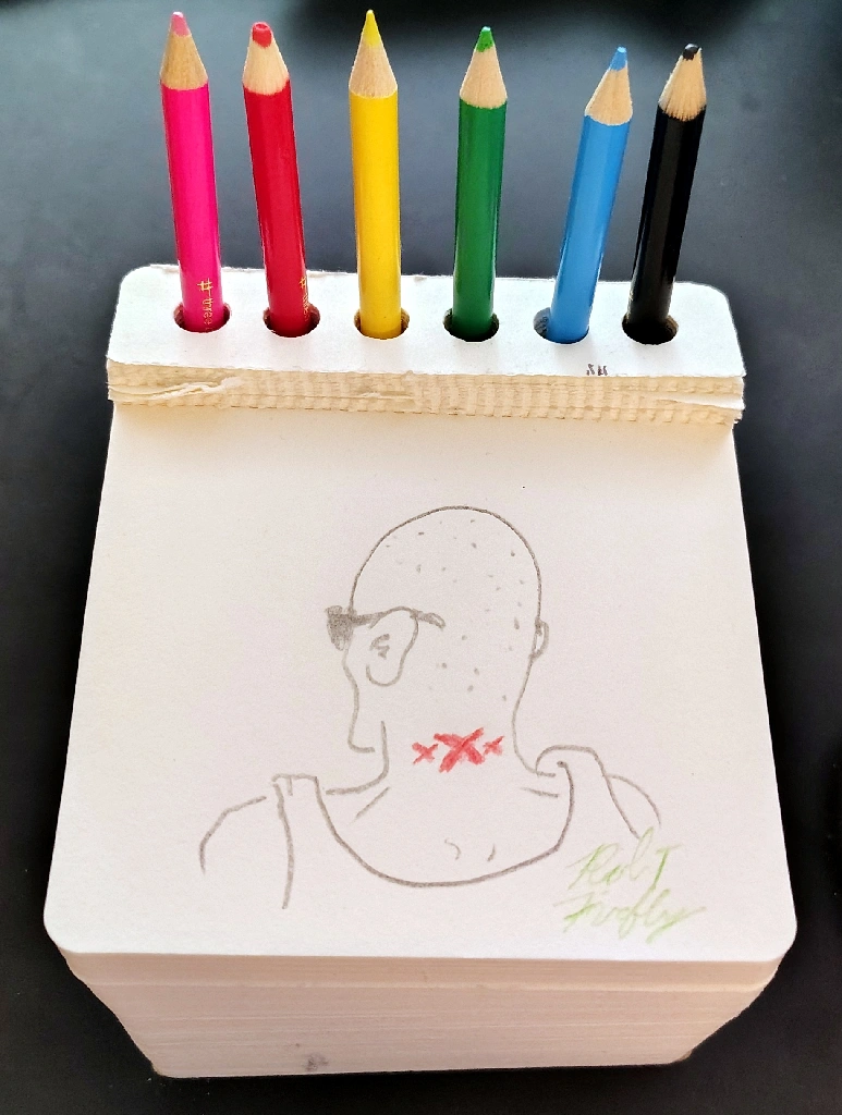 Colored pencil doodle on a notepad of the back of Vin Diesel&#39;s head with a red &quot;XXX&quot; tattoo on the back of his neck, like in the posters for the film &quot;XXX.&quot;