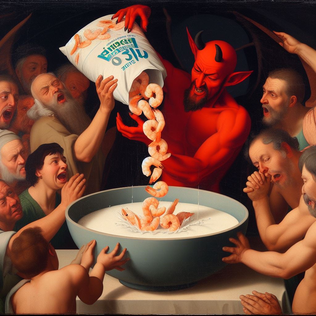 A devil pouring a bag of shrimp into a bowl of mill