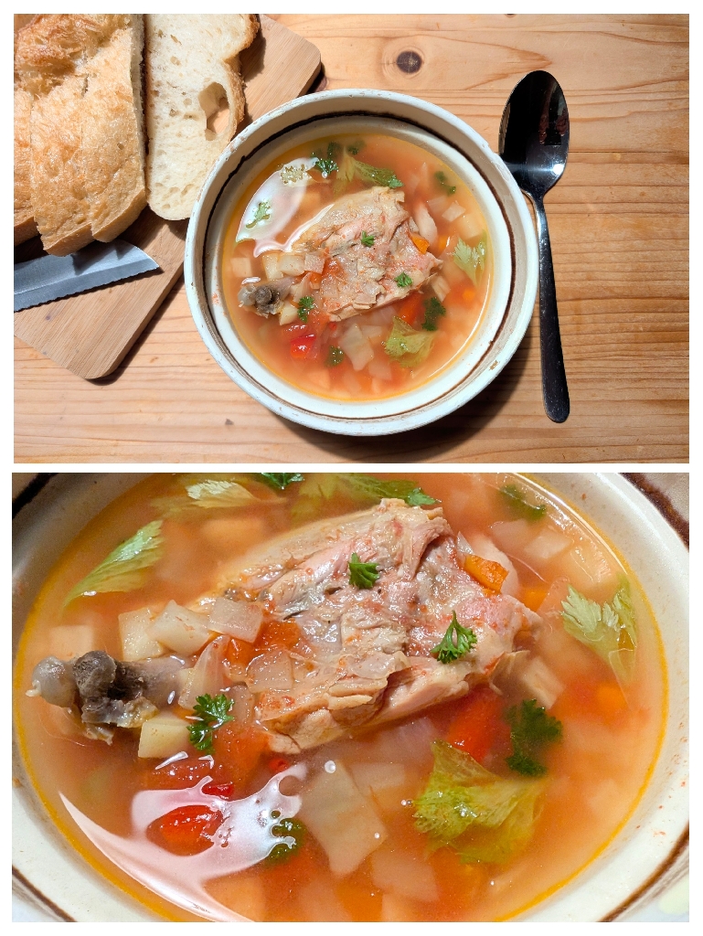 ciorbă de pui - romanian sour soup, with chicken, root veggies, borș (fermented wheat bran)
