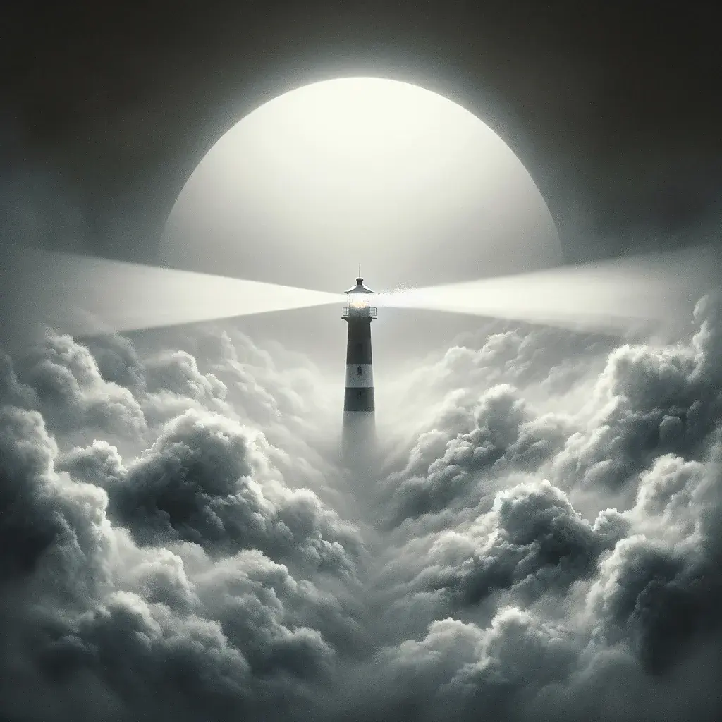 Visualising irrational application of mind and lack of situational awareness as cloudsfog. Rational application of mind and situational awareness in contrast as a lighthouse that pierces through the fog.