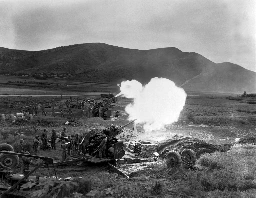 South Korean artillery firing on North Korean positions, Korean War, 1950