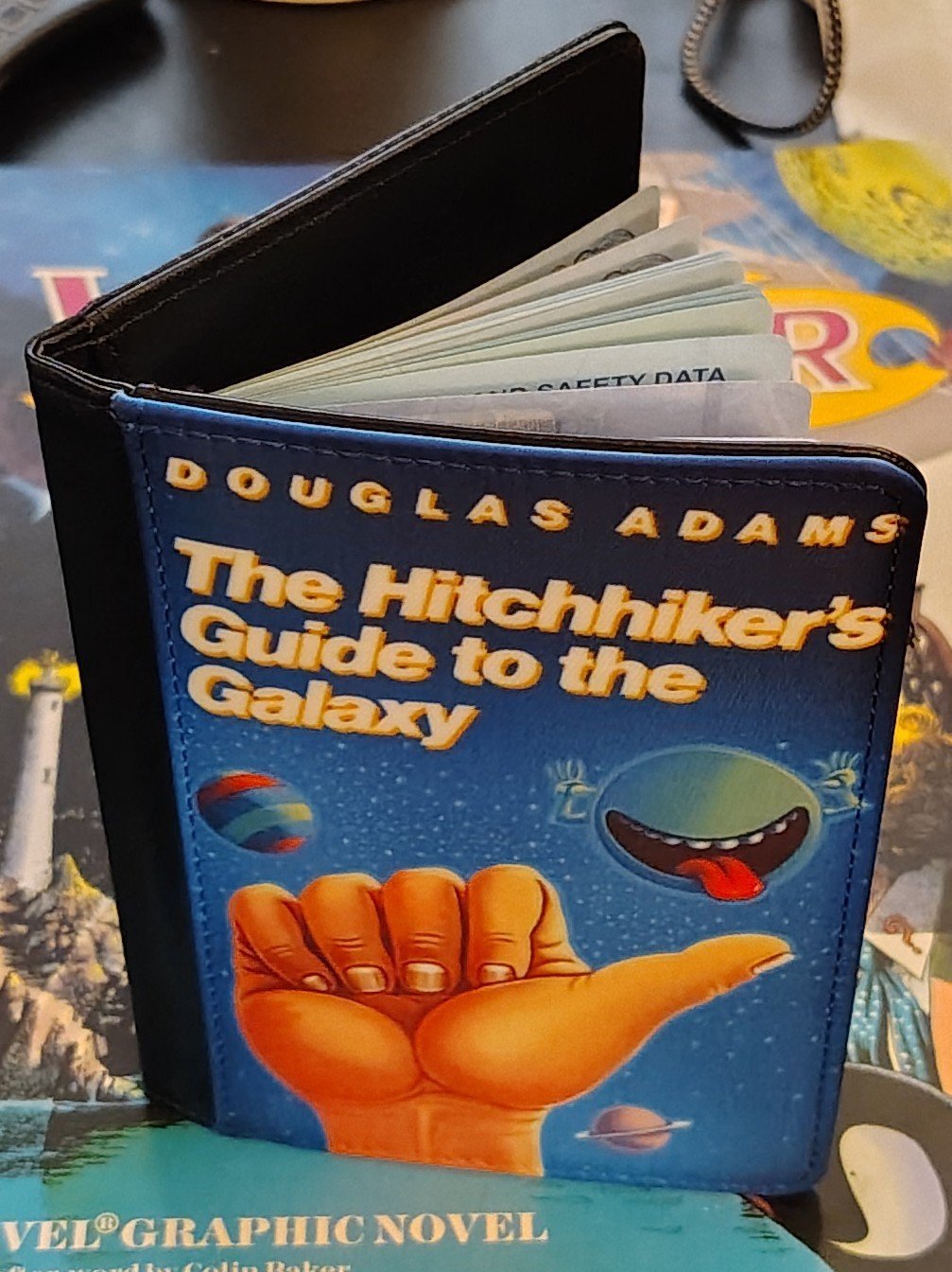 The passport in its Hitchhiker's Guide cover.