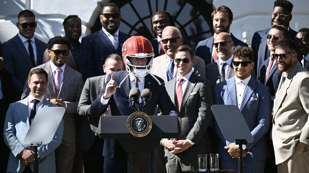 President Biden hilariously sports Chiefs helmet during team's White House visit